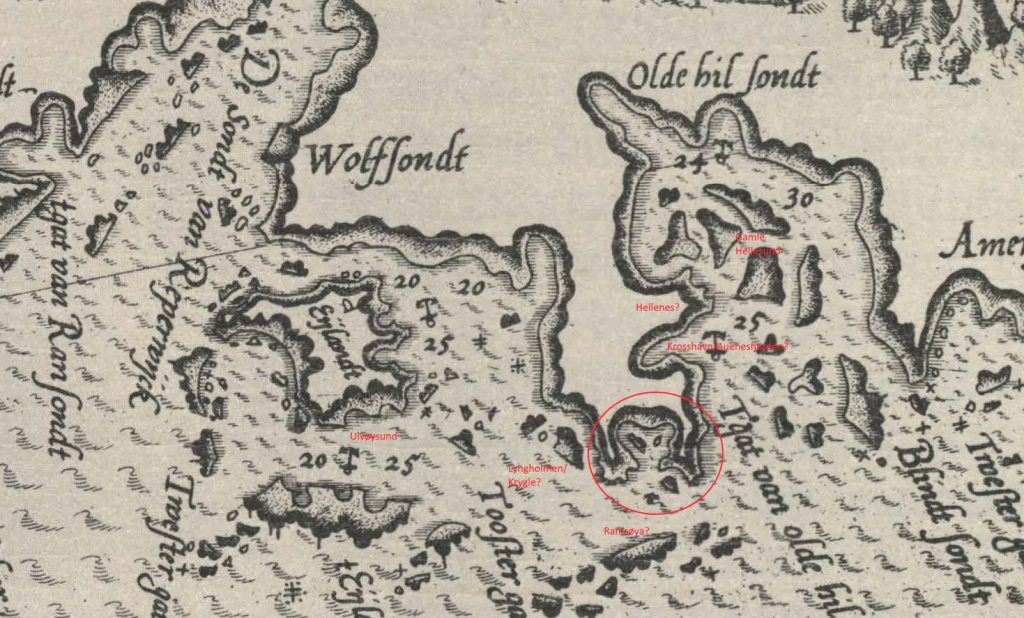 Utsnitt av "Die zee custe van Noorweghen tusschen der Noess en Mardou"